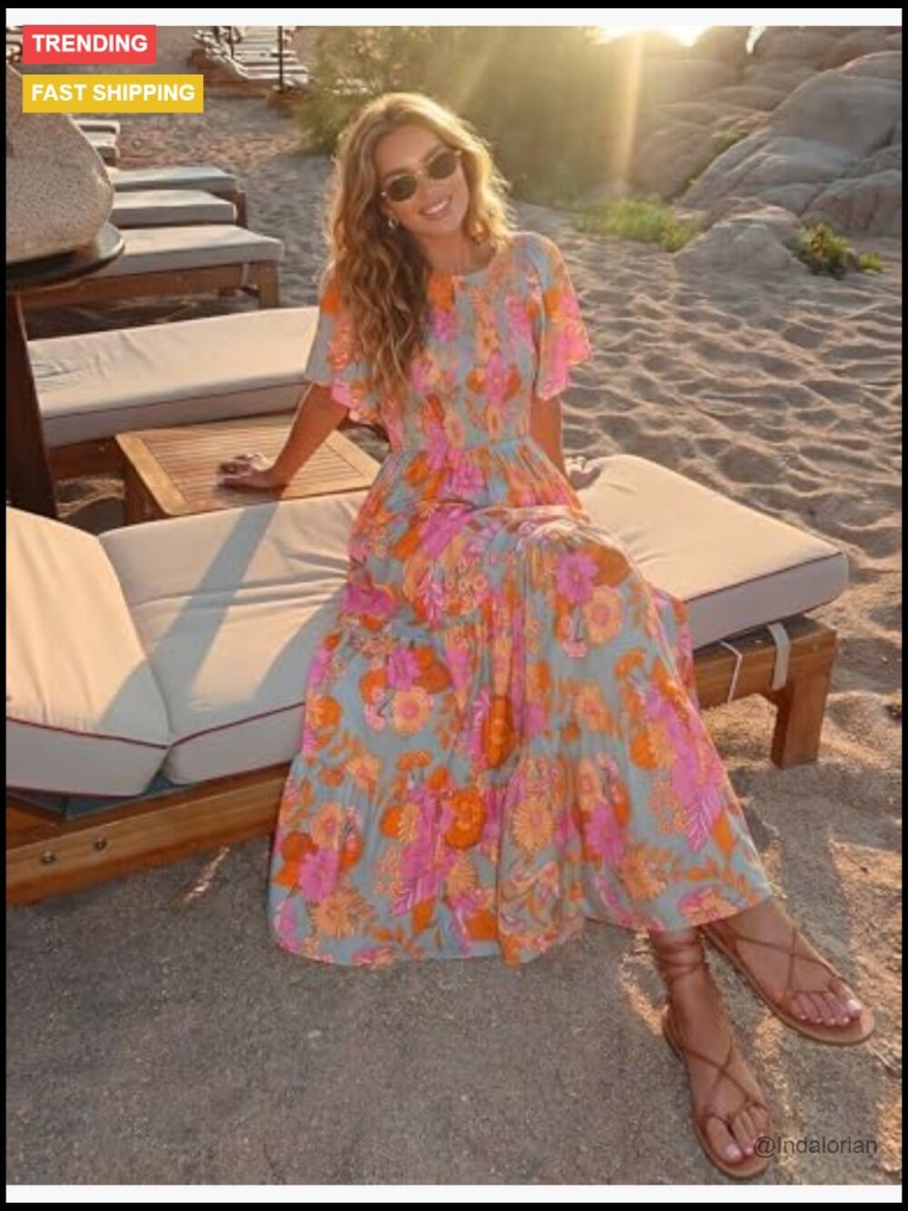 Boho Floral Maxi Dress with Flutter Sleeve, Smocked Bodice, Tiered Skirt - Picture 3 of 7